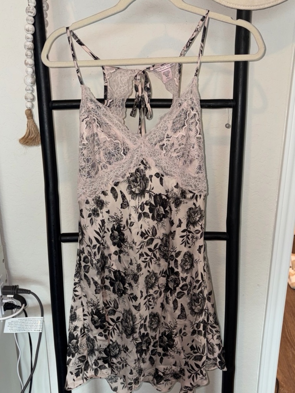 Victoria's Secret Pink Satin Chemise with Black Floral Lace